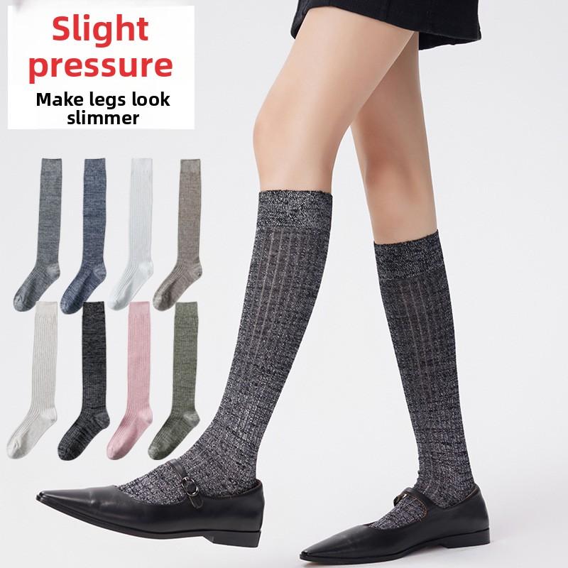 Calf Socks, Girls' School Style, Vertical Stripes, Spring and Autumn Thin Long Tube, Pile Mid-tube Socks, Versatile Leather Shoes