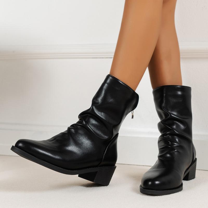 Fashion pleated Martin boots ankle boots new women's thick heel medium heel short boots women's large size