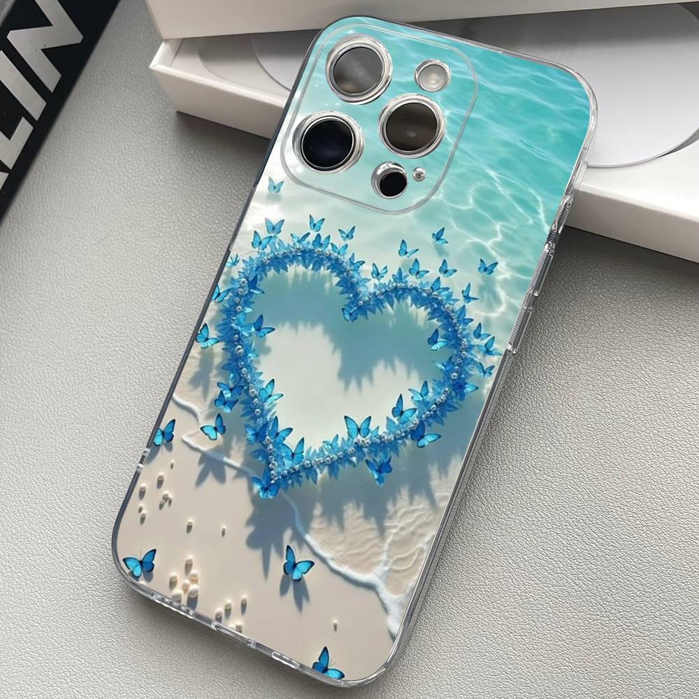 Blue Butterfly Ocean Waves Phone Case For iPhone 17 15 14 13 11 12 16 Pro Max Plus Mini Transparent Silicone Soft Funda