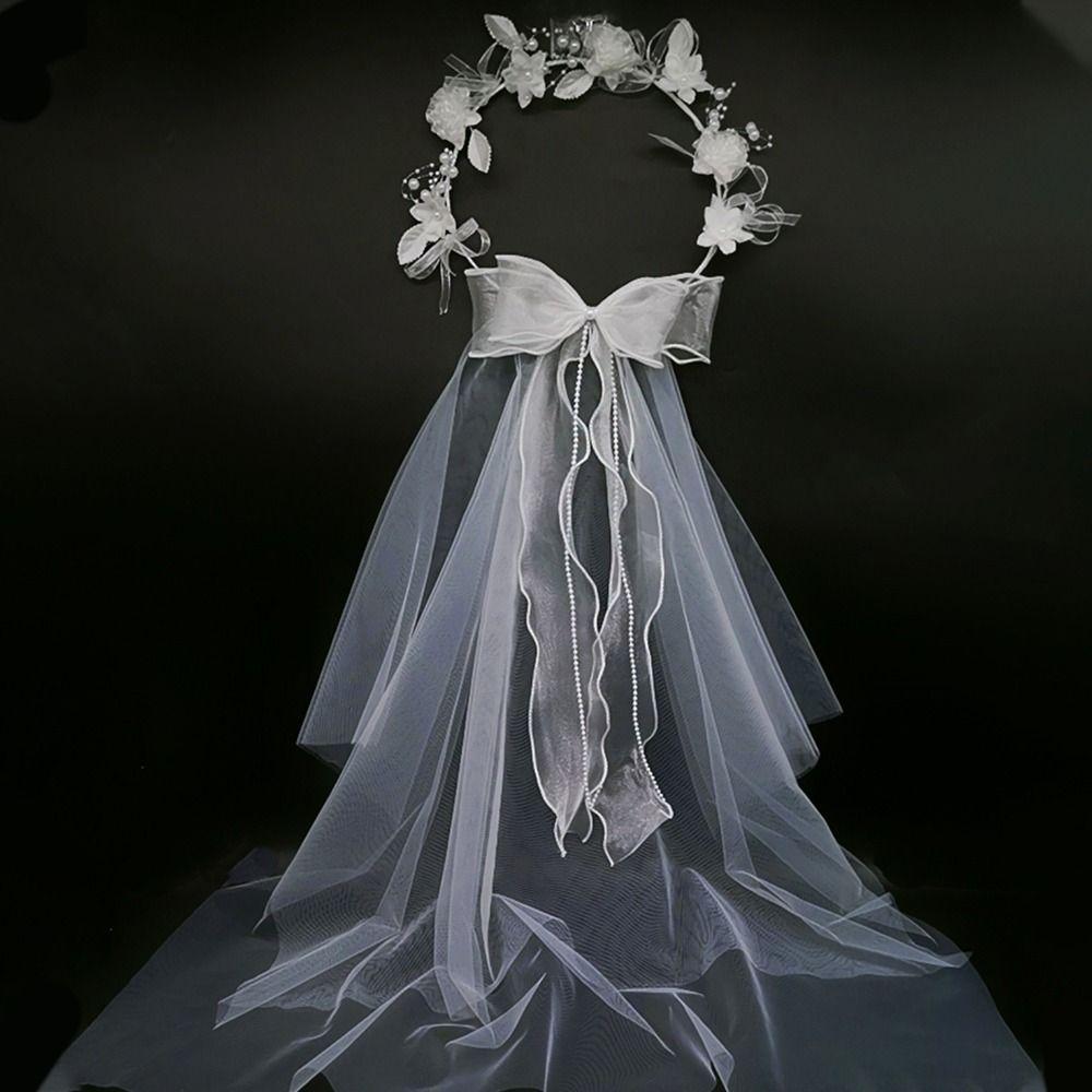 White Girls Head Gauze Polyester Bridal Tulle Fashion Bow Veil Hair Hoop Photo Props