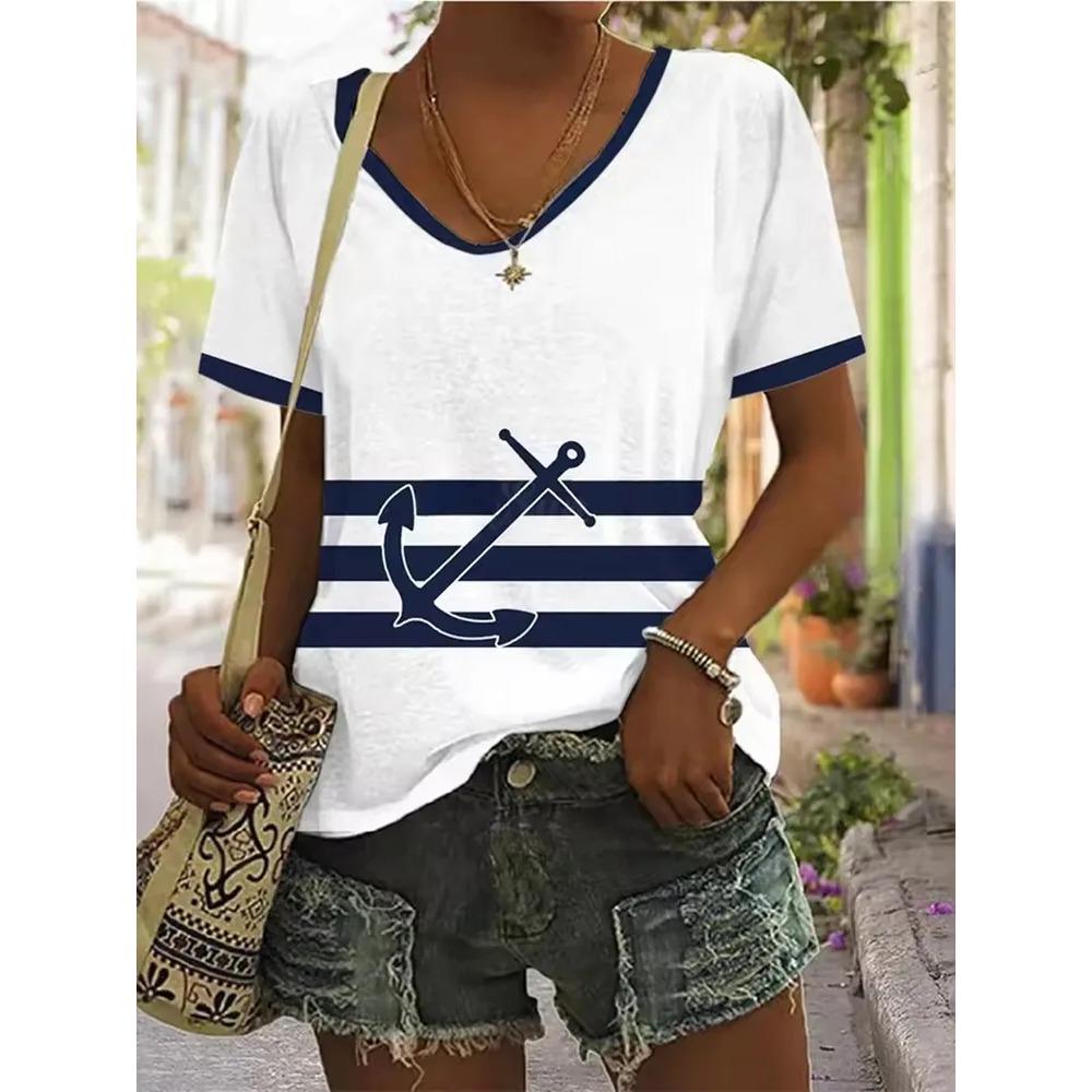Stripe Printed T-shirt Fashionable Loose Short Sleeved Round Neck Versatile Comfortable Women's V-neck T-shirt
