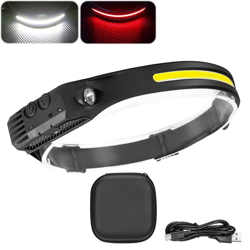 Lampada frontale a LED COB, lampada frontale a induzione, batteria integrata, ricaricabile tramite USB, torcia frontale per campeggio all'aperto, pesca con sensore
