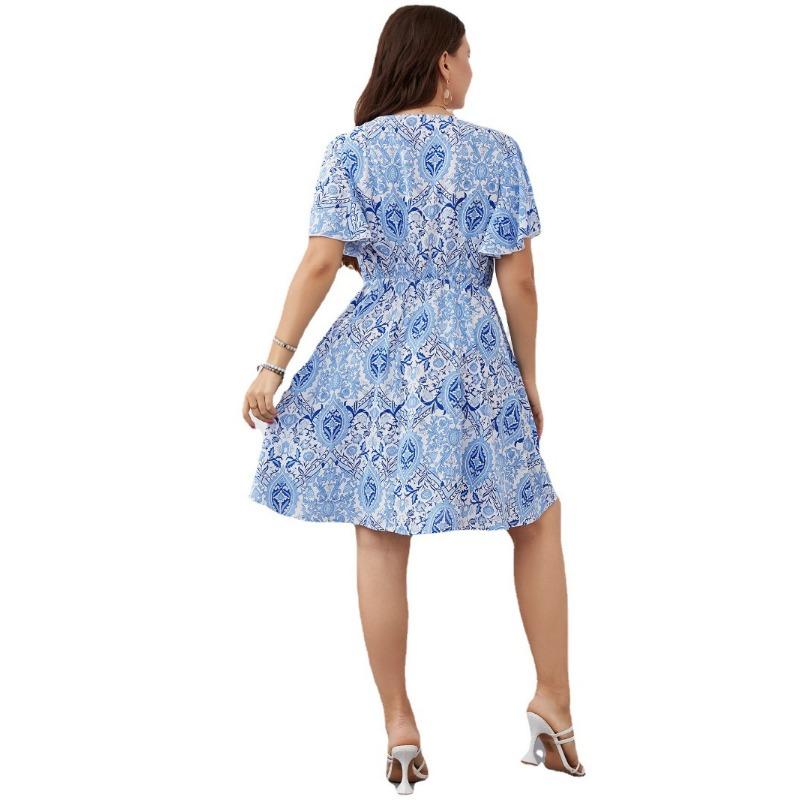 Sommerkleid mit Print und Temperament, hohles Temperament, Pendlerkleid mit großer Schaukel, Übergröße für Damen