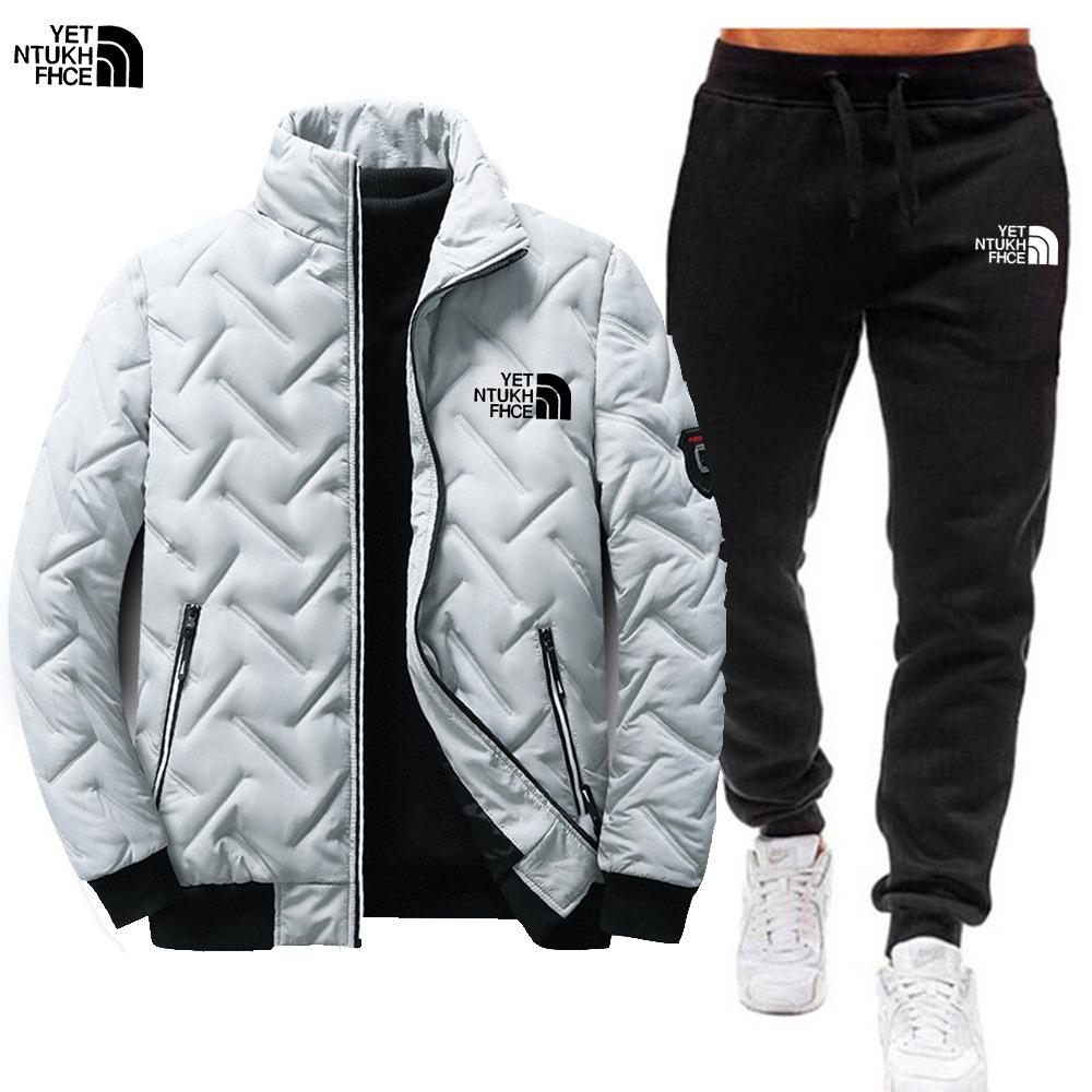 Men's Cross-Border Winter Warm Cotton-Padded Stand-Up Collar Jacket and Trousers Two-Piece Set
