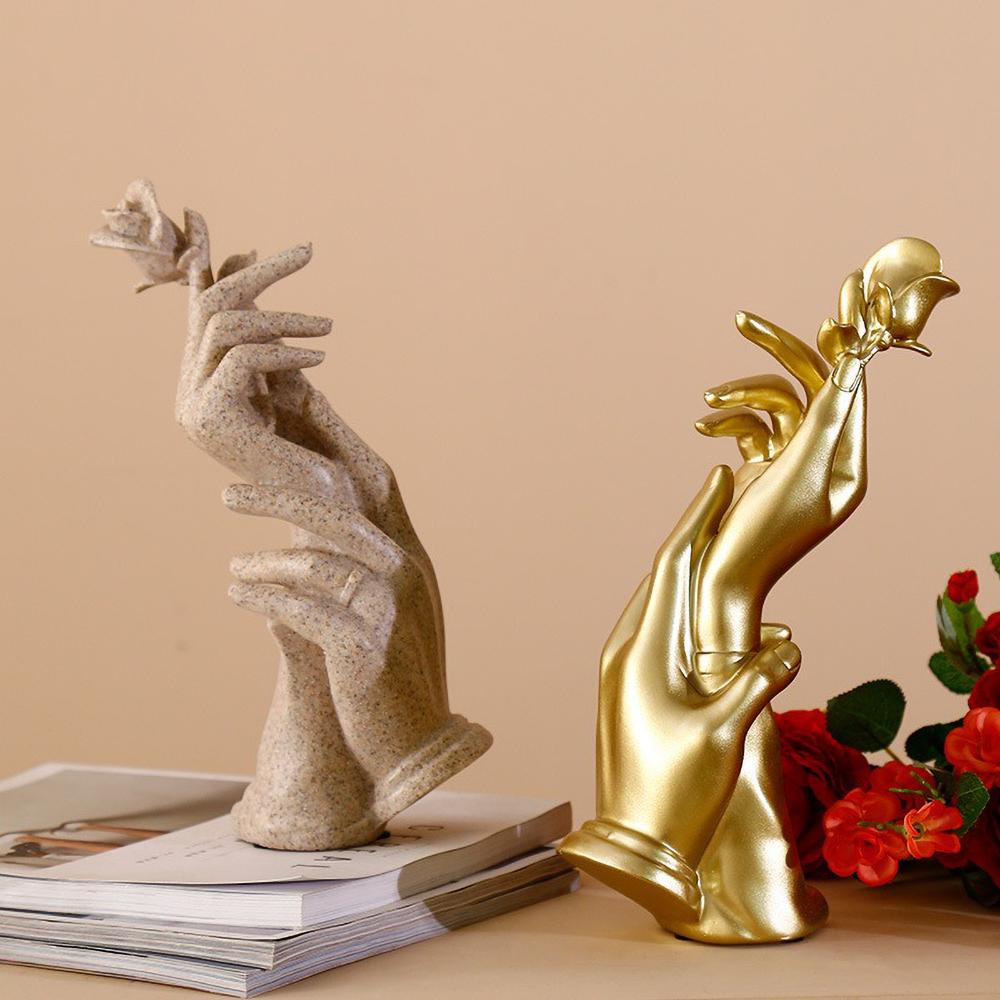 Gold Hand Held Rose Resin Statue, Luxury Romantic Gift for Valentine Anniversary, Elegant Home Table Decor for Women