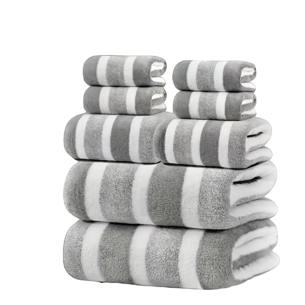 8pcs Of Non-Hair-Free Super Absorbent And Ultra-Soft Five-Star Hotel Standard Two-Color Striped Bath Towel Towel Set, Including 2 Bath Towels