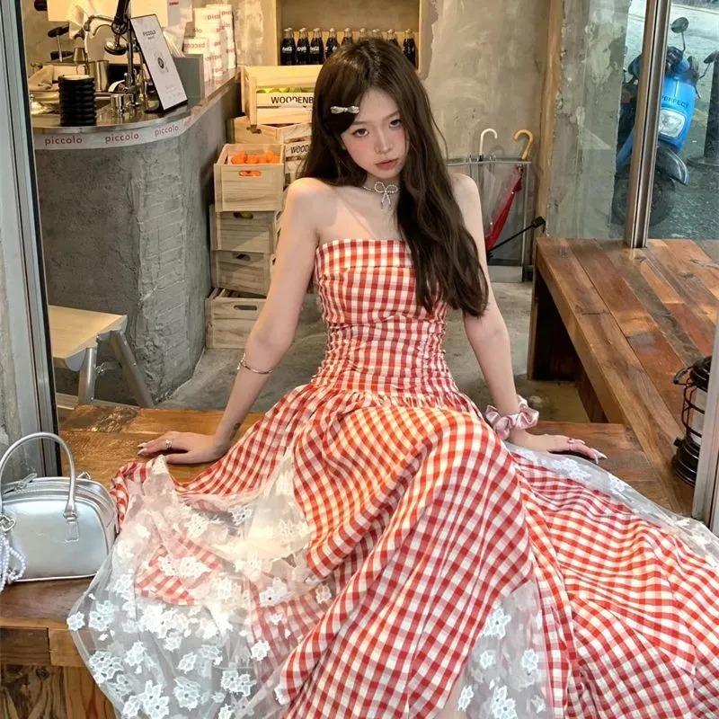 Women's Summer Blue Gingham Strapless Maxi Dress Lace Hem Beach Vacation Dresses