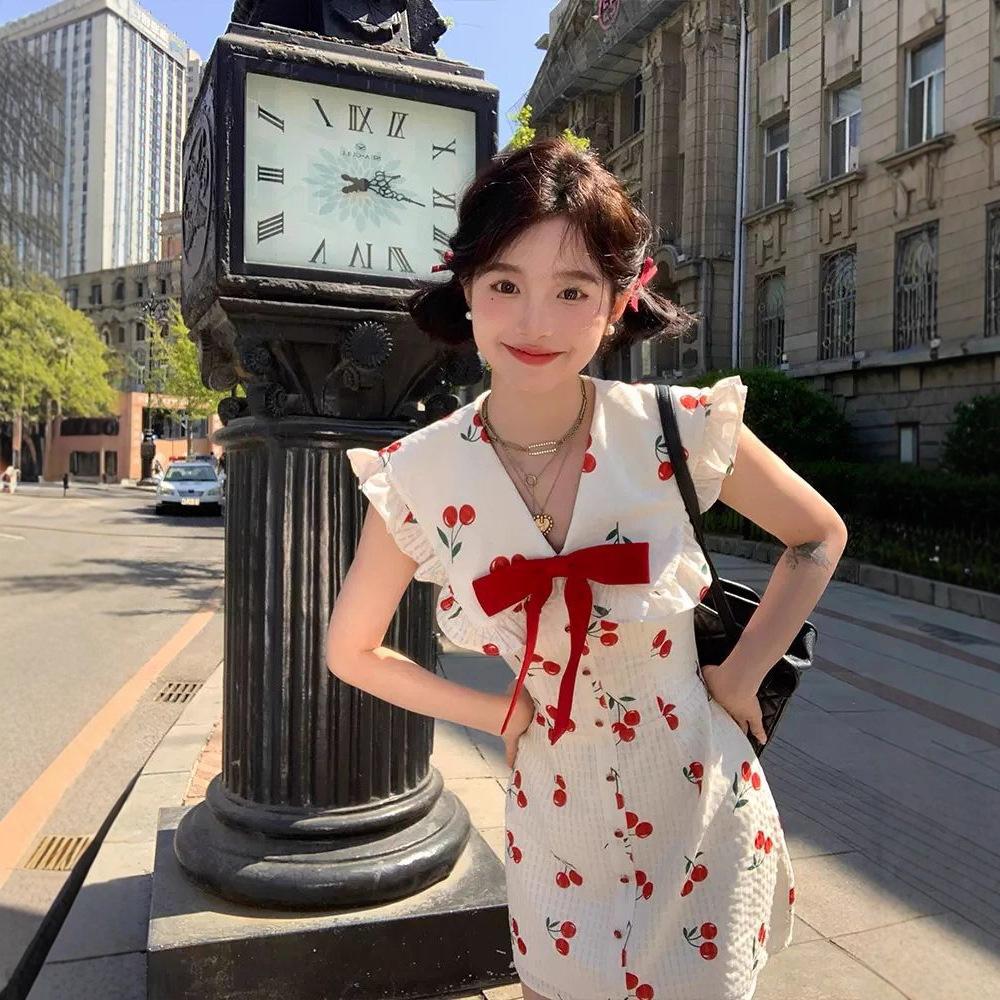 Korean sweet girl cherry print lapel dress women's summer new waist thin super fairy skirt