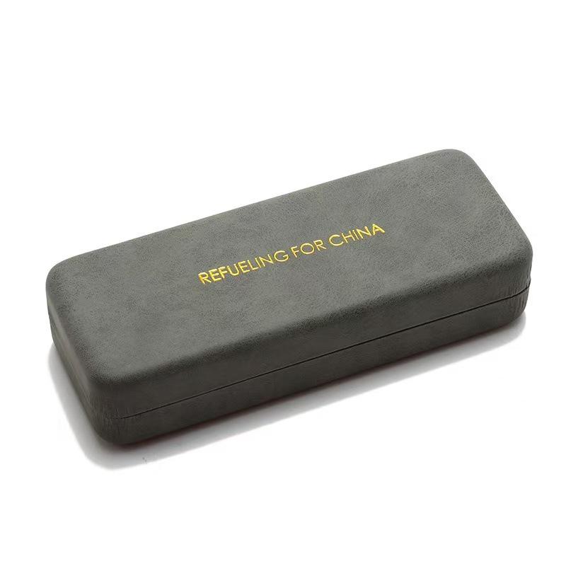 

Premium Faux Leather Glasses Case Set: Suede Texture Letters Iron Box + Lens Cloth + Screwdriver. Standard Size