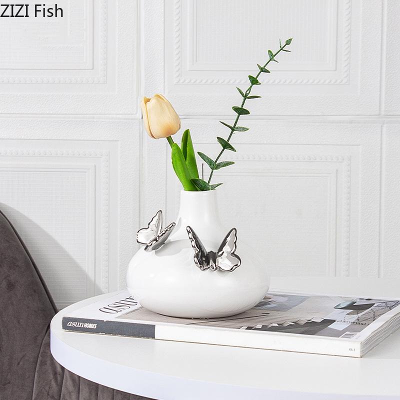 Silver Butterfly Decorative Ceramic Vase Flowers Pots Desk Decoration Flower Arrangement Floral Vases Room Aesthetic Decor
