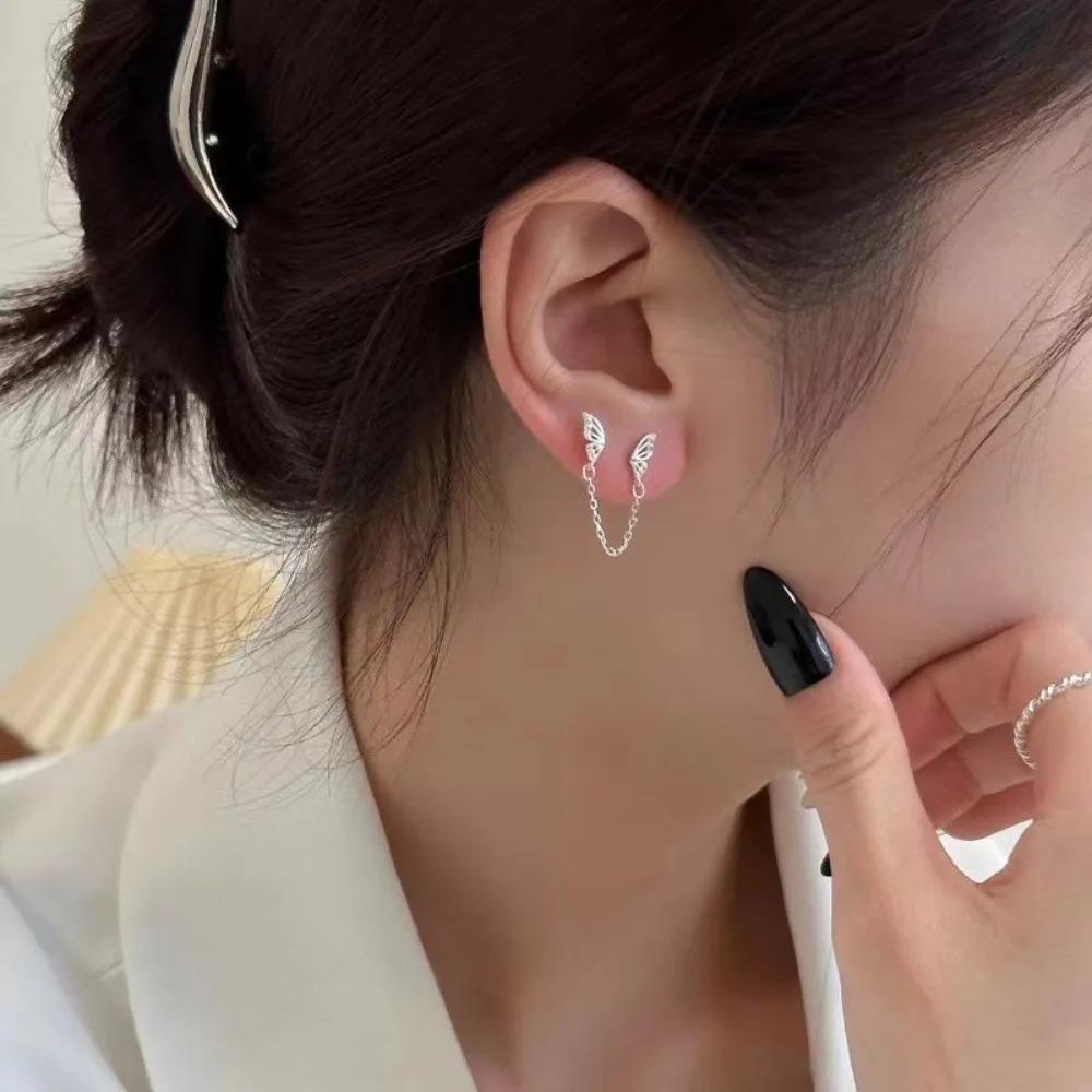Exquisite Sweet Hollowed-out Butterfly Tassel Chain Double-ear Piercing Stud Earrings for Women Korea Designer Jewelry Accessory