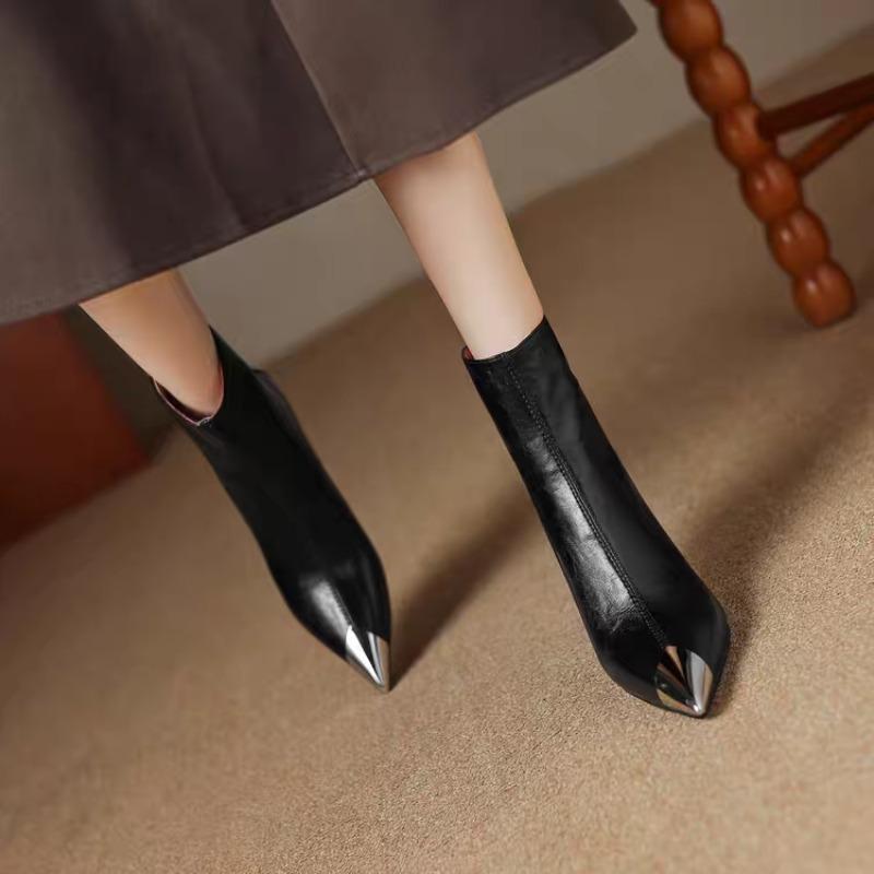 French Retro Western Booties Women's Single Boots Metal Toe Pointed Toe Stiletto Heel Versatile Skinny Fashion