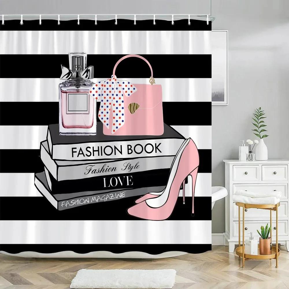 Pink Perfume High Heel Shower Curtain Set Black White Stripes Fashion Girl Woman Bathroom Decor Polyester Bathtub Curtains Hooks