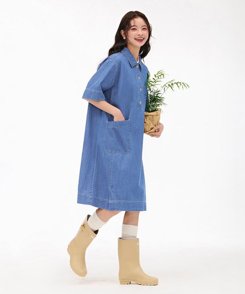 CHASECULT Women'S Denim Shirt Collar Dress - Sky Blue