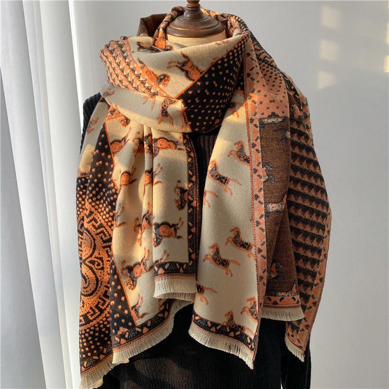 Luxury Horse Women S Autumn Winter New Style Double-Sided Jacquard Woolen Scarf Thickened Air Conditioner Pashmina Tassel Shawl 180x65cm
