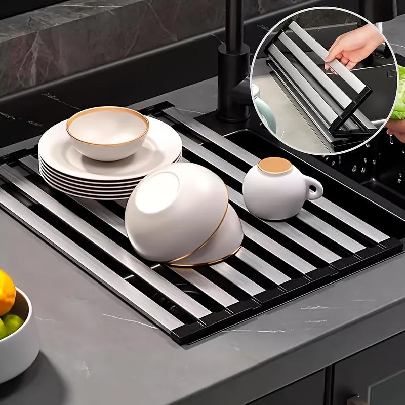 Tri-Fold 304 Stainless Steel Kitchen Sink Rack-Rustproof, Rolling Curtain For Drying Dishes Sner Kitchen Dish Rack Drainage Rack