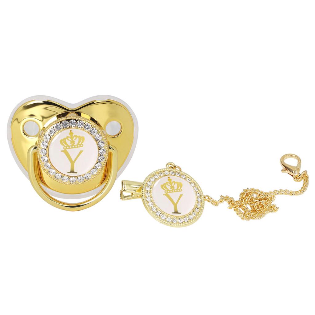 Baby Pacifier Infant Portable Exquisite Golden Crown Letter Rhinestone Pacifier with Chain Clip