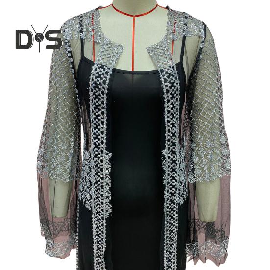 2 Pcs/Set Women Evening Dress Big Swing Shiny Bronzed Cardigan Slip Dress Set See-through Mesh Long Sleeve Coat Cocktail Events Special Occasions