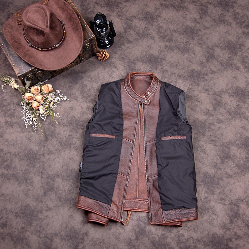 Chinese Size Vitnage Red Brown Men Leather Jacket Cowhide Leather Motorcycle Style Genuine Cow Jackets for Men Autumn
