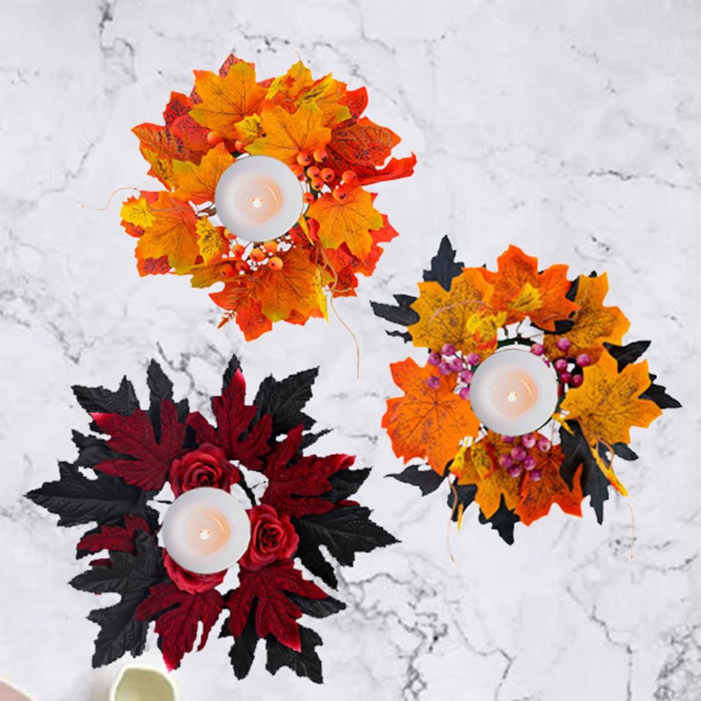 Halloween Candle Ring Wreath Maple Leaf Candle Holder Autumn Candle Rings for Tabletop Living Room Party Thanksgiving Home