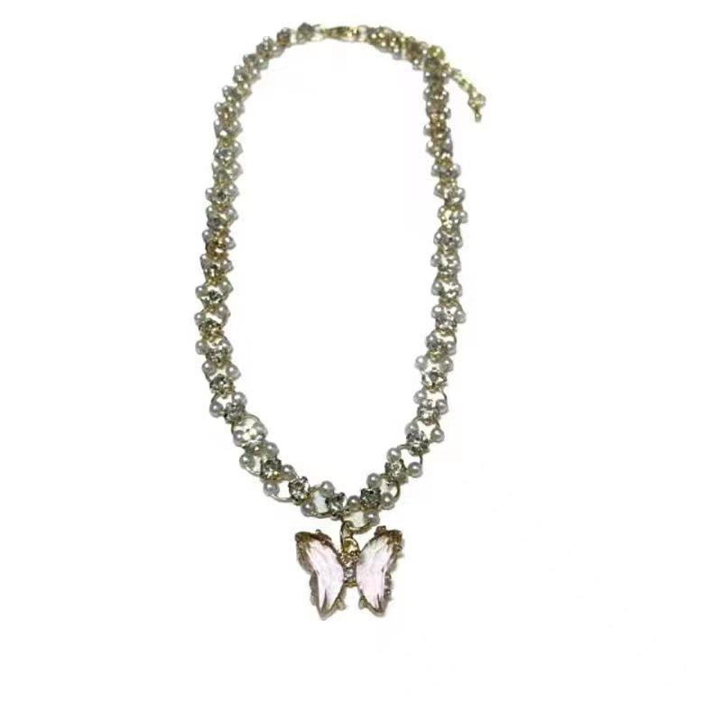 

Sweet pink butterfly necklace women s light luxury sense collarbone chain versatile temperament neck chain necklace necklace decoration summer