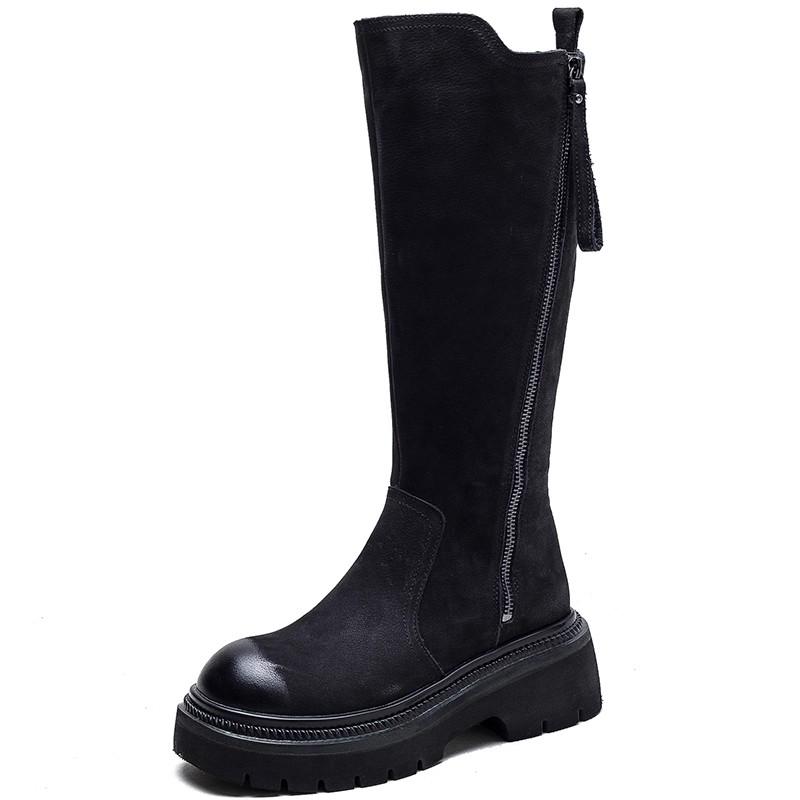 Fashion GKTINOO Retro Long Boots 2025 Winter New Genuine Leather Fashion Side Zipper Knight Boots Thick Soled Booties Women's Shoes
