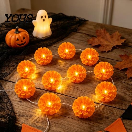 Seasonal Festival Embellishments 10FT LED Chrysanthemum String Light, Battery Operated Artificial Marigold Garland Realistic Flower Shape Lamps Fairy
