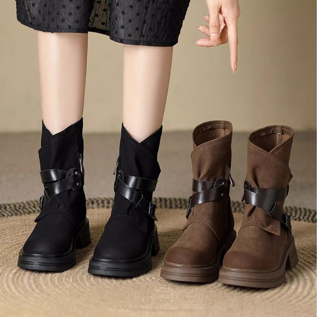 Short Boots 2025 Autumn and Winter New Leather Retro Platform Brown Western Cowboy Boots Medium Boots Retro Women's Martin Boots