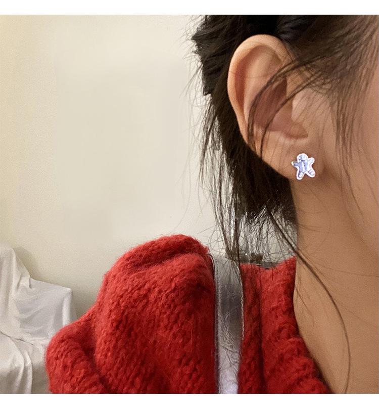 S925 Silver Cute Gingerbread Man & Bear Stud Earrings - Versatile Christmas Gift for Women