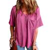 Women T-shirt V-Neck Short Sleeve T-Shirt with Pocket Trim Solid Color Casual Loose Tops Everyday Wear