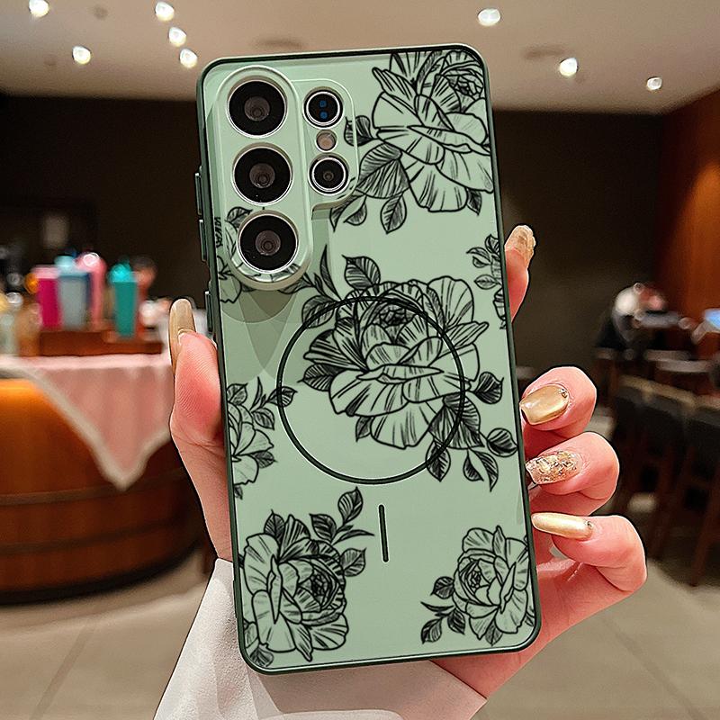 Magnetic For Magsafe Case For Samsung Galaxy S26 Ultra S25 Edge S24 Plus S23 FE S22 A54 A55 A56 5G Sketching Rose Flower Pattern Matte Cover
