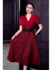 French Spring/Summer 2026 Women's V-Neck Black Bow Tie Jacquard Dress with Waist-Cinching and Wide Hem.