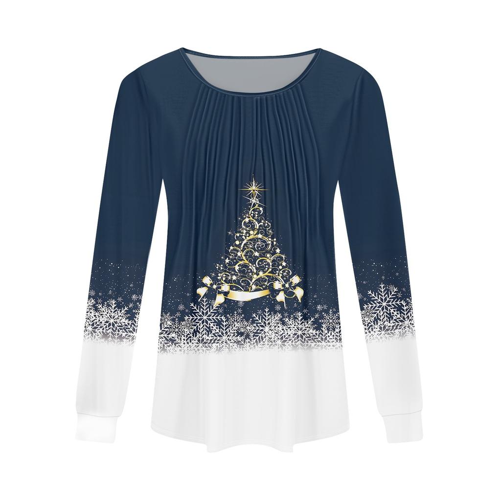 Košile s dlouhým rukávem pro ženy topy Oblečené vánoční potisk Ležérní halenky Skládaný tunika s nabíraným výstřihem