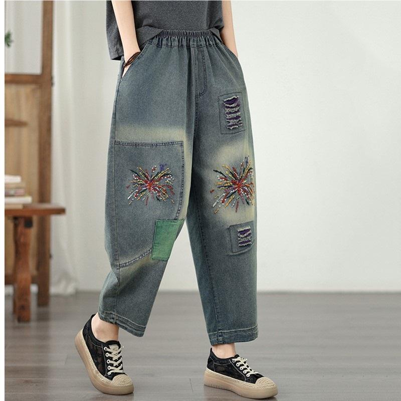 Mărime mare Broderie vintage Talie înaltă Casual Largi Femei Primăvară vară toamnă Blugi Denim Pantaloni Harem