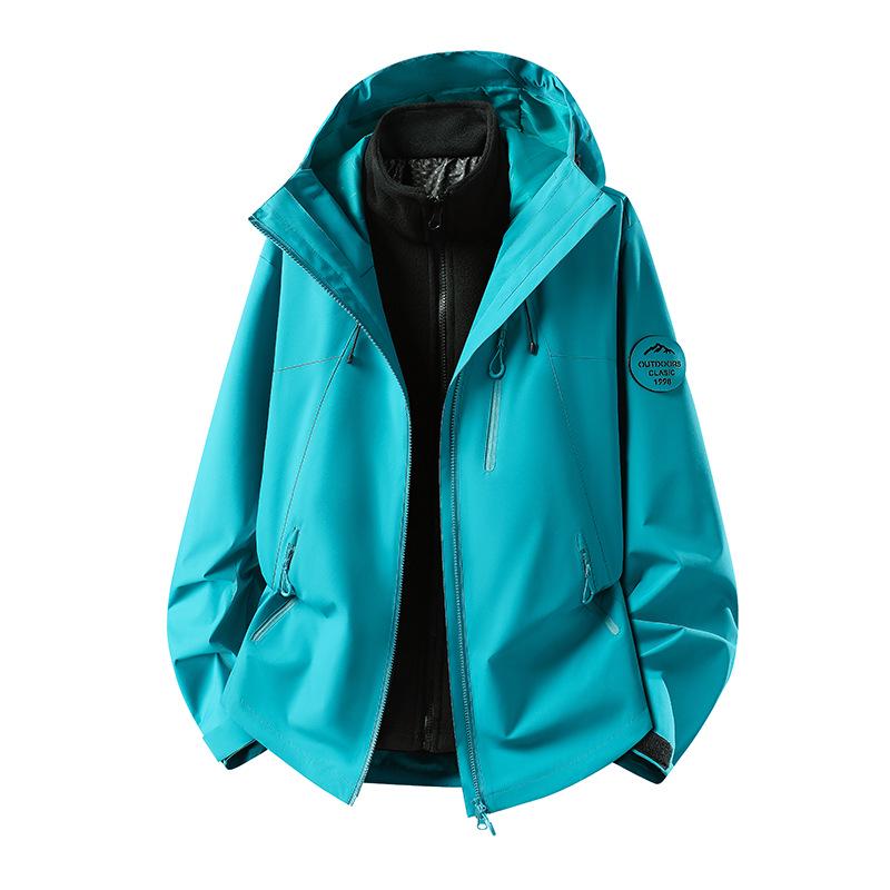 Unisex Waterproof Windproof 3-in-1 Outdoor Mountaineering Jacket with Detachable Layers and Custom Logo Option.
