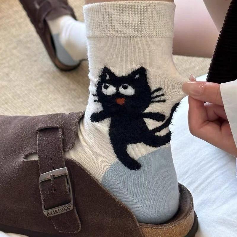 8pcs/4-Pair Unisex Autumn & Winter Warm 3D Cartoon Cat Mid-Calf Socks, Cute Ins Style Cold-Proof Casual Sports Socks