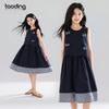 Girls' Academy Style Navy Plaid Dress with Bowknot