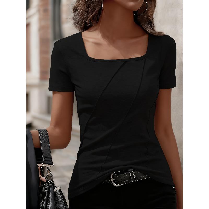 women's Square Neck Ruched Detail Solid Color Short Sleeve Slim Fit T Shirt Casual Basic Top