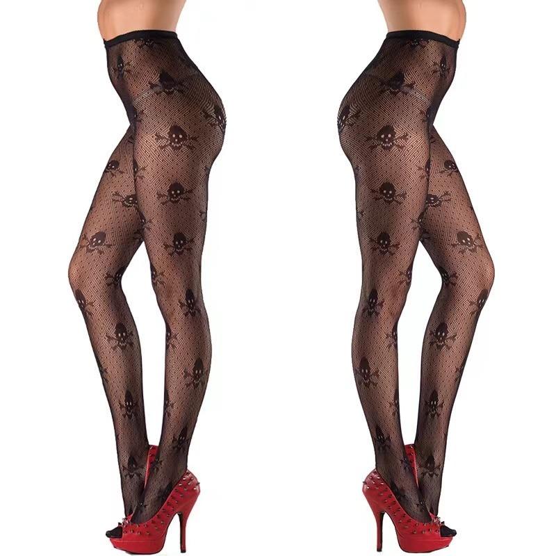 Women Goth Punk Cute Black Mesh Tights Lolita Skull Pattern Fishnet  Jacquard Harajuku Stockings Pantygose Leggings Halloween