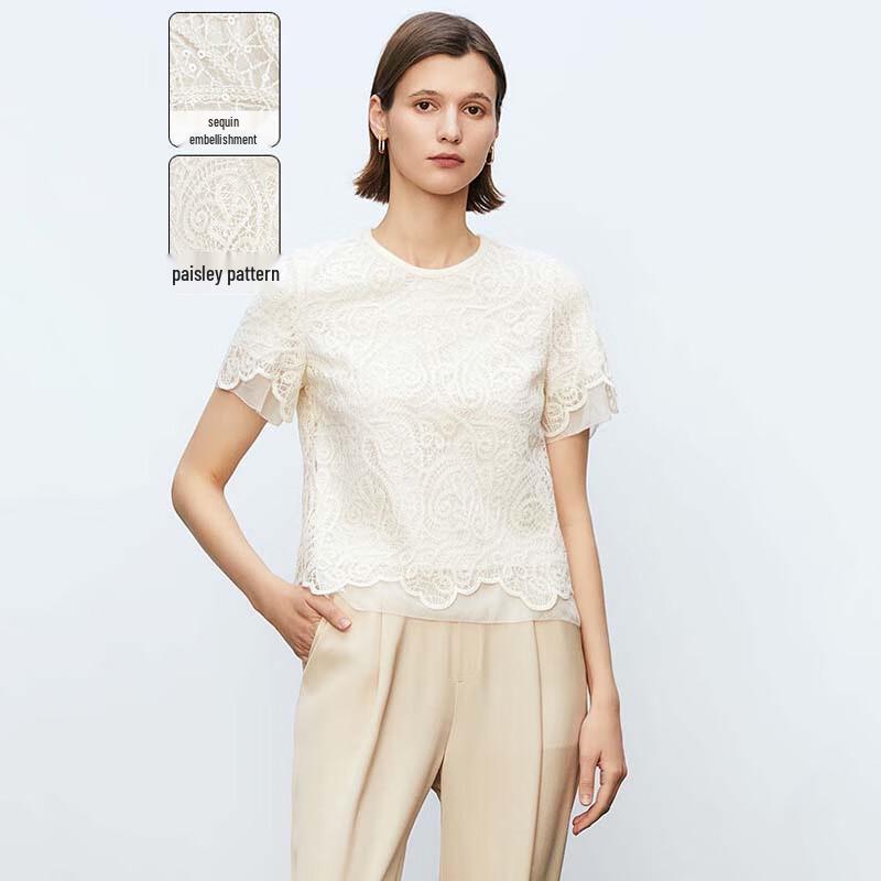 JESSIE French Embroidered Lace Sequin Short Sleeve Top M