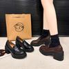 French Deep Mouth Single Shoes Women's 2025 New British Round Head High Heels Thick Heel Thick Sole Leather One-pedal Loafers