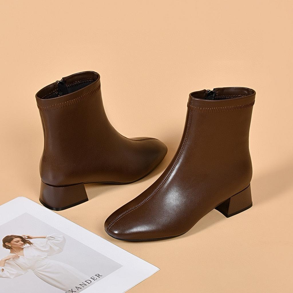 Leather Boots Women's New Simple Temperament Straight Boots Low Heel Square Head Fashion Boots Women's Boots Cotton Boots
