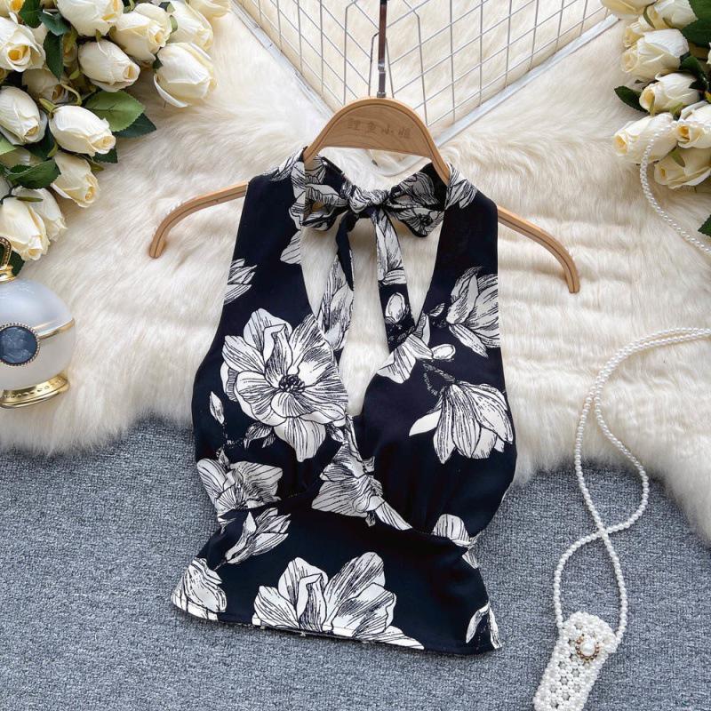 Celebrity Floral Halter Neck Backless Top - Women's Summer Trendy, Sexy, Versatile Vest