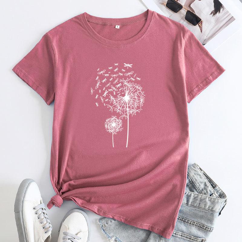 Summer Round Neck Dandelion Dragonfly Pattern Printed Top Fashionable Casual Short Sleeved Women's Pure Cotton T-shirts