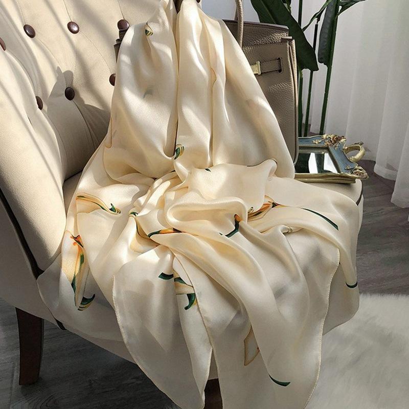 180*65cm 100% Mulberry Silk Printed Scarf Summer Sun Protection Thin Shawl Beach Scarf Neckerchief