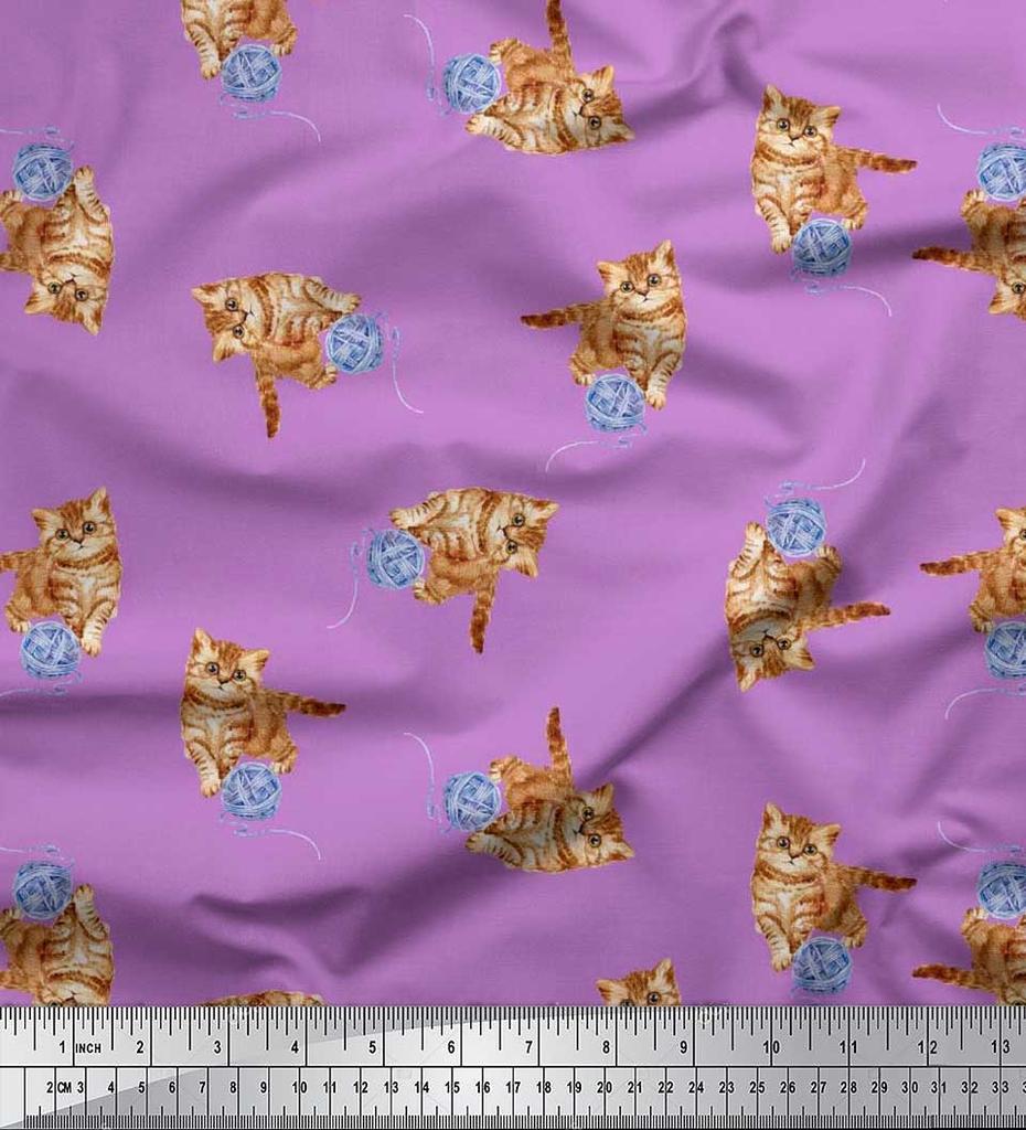 Soimoi Japan Crepe Satin Fabric Wool & Cat Animal Print Fabric by the Metre 42 Inch