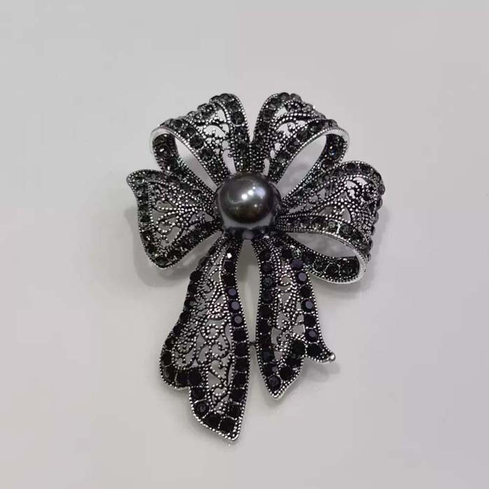 French Style Bow Brooch Vintage Black Brooch Exquisite Fully-rhinestone Pin Western-style Clothes