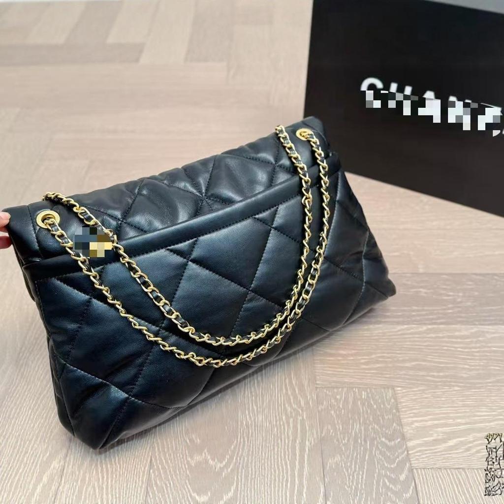 Vintage-Style 25k Double Pocket Chain Hobo Bag, Goatskin, Large Capacity
