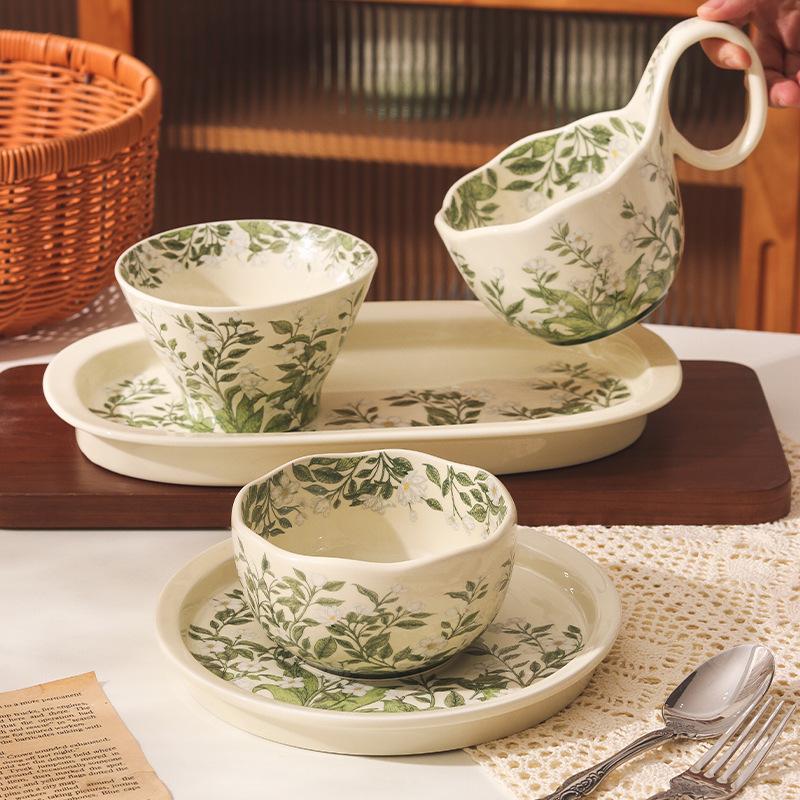 Retro Crape Myrtle Flower Ceramic Tableware Set High Value Dish Set Household Vegetable Plate Soup Plate Rice Bowl Soup Gift