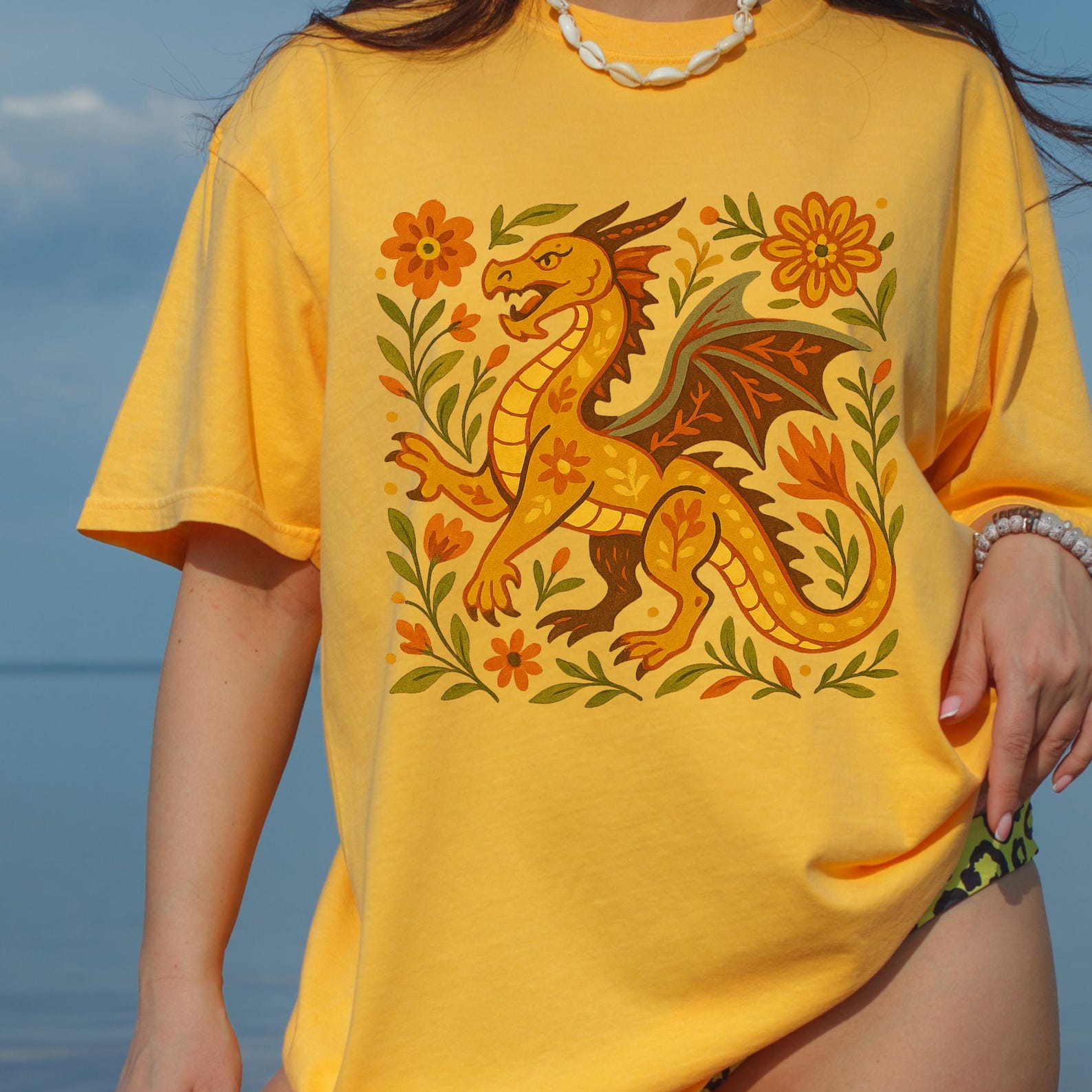 Folk Art Dragon Shirt Fantasy Graphic Tee Mythical Creature T-Shirt 3XL